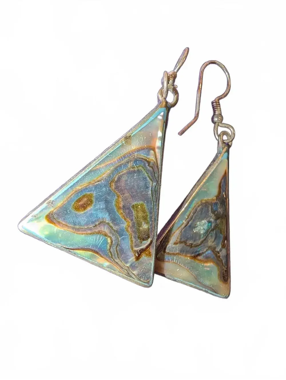 Vintage Alpaca Mexico Triangular Abalone Shell Dangle Earrings